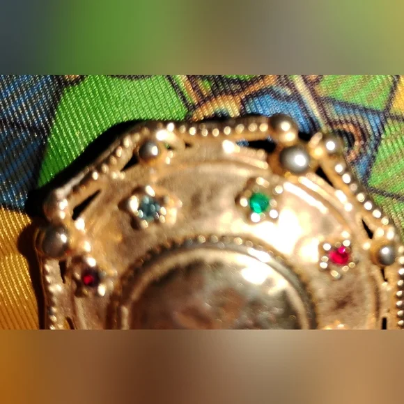 VINTAGE ORNATE GOLD MULTICOLOR RHINESTONE EARRINGS - Picture 4 of 7